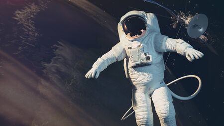 The astronauts, Earth, satellite. 3d rendering andl illustration.の写真素材