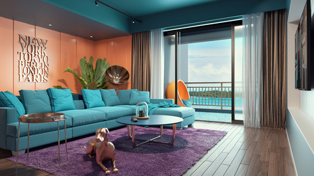 Living room near the seaside. 3d rendering and illustration.の写真素材