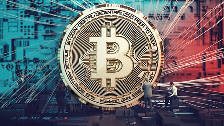 Businessmen are looking coins bitcoin. 3D render and illustration.の写真素材