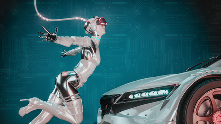 Automotive technology.Robot girls and cars in the future. 3d rendering and illustration.