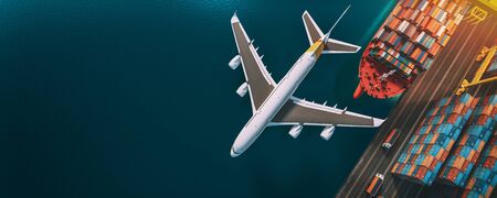 Top viwe transportation and logistics of Container Cargo ship and Cargo plane. 3d rendering and illustration.の写真素材