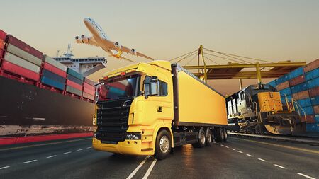 Transportation and logistics of Container Cargo ship and Cargo plane. 3d rendering and illustration.の写真素材