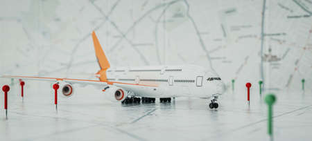 aircraft and location marking with a pin on routes on world map. Adventure, discovery, communication, logistics, transport and travel theme concept background. 3d renderin and illusrration.の写真素材