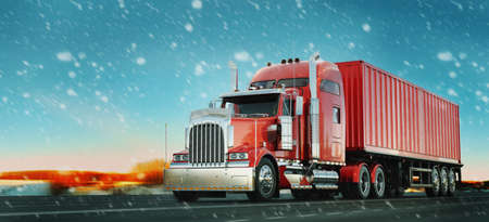 Red truck and snow.3d render and illustration.の写真素材
