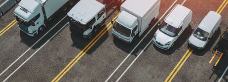 trucks of various sizes on the road. 3d render and illustration.