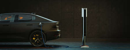 EV Electric car silhouette with low battery charging at electric charge station. 3d render and...