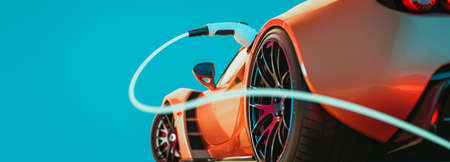 EV Electric car silhouette with low battery charging at electric charge station. 3d render and illustration.の写真素材