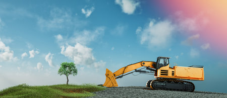 A loader is trying to cut down a tree for construction. Loaders are destroying the environment.3d...