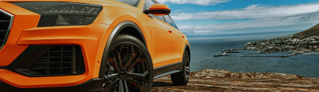 side of a car ,automotive modern on background blur ,behind is sea and city ,3d render and...