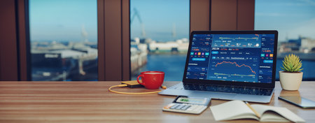 Financial growth market analysis at table with laptop with graphs on screen using notebook device. Investor brokers analyze stock indices online. Background is port.3D renderings and illustrations.の写真素材