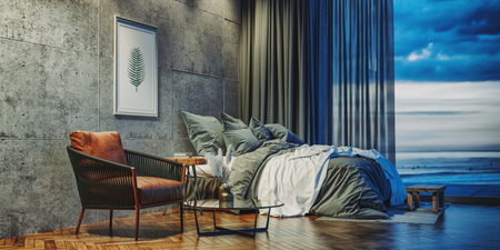 Bed in a vacation home overlooking the sandy beach and the sea, the concept of relaxation and decoration.3d render and illustration.の写真素材