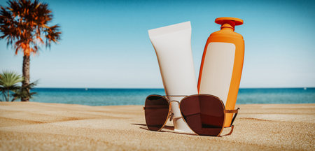 Sunglasses and sun lotion on the beach in summer the background is the sea holiday concept and tourism. 3d render and illustration.の写真素材