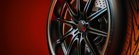 Close-up photo of a car wheel in the orange background studio, 3d render and illustration.の写真素材