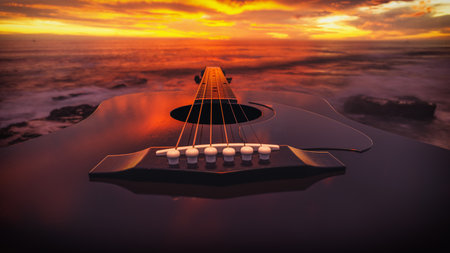 acoustic guitar on sandy beach In the background is the sea where the sun is setting, concept, music and tourism.3d render and illustration.の写真素材