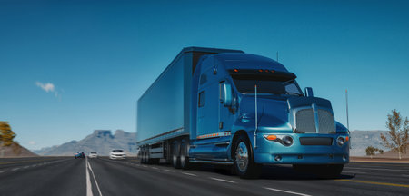 large cargo truck and containers on intercity road Daytime sky background. Concept. Transport and logistics.の写真素材