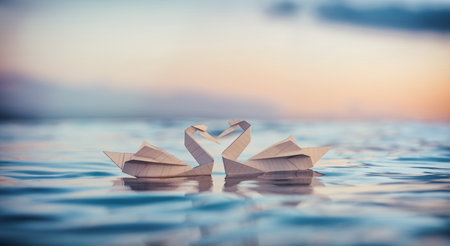 Origami paper bird on the river background sky. 3d render and illustration.の写真素材