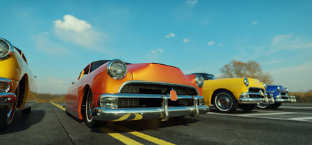 Many old or vintage cars on the road, sky and nature in the background.の写真素材