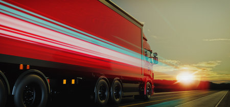 The side of a transport truck with a container on the road, cutting through the city, concept of parcel delivery..3d rendering and illustration.の写真素材