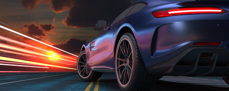 Close-up shot of the side of a luxury car on the road, background, sunset, in the evening. 3d renderings and illustrations.の写真素材