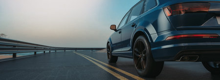 A sea blue 4-door saloon drives on the road with nature in the background. 3d renderings and...