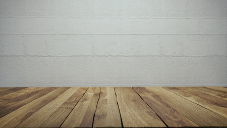Empty tabletop over defocused white wall with copy space. 3d render and illustration.の写真素材