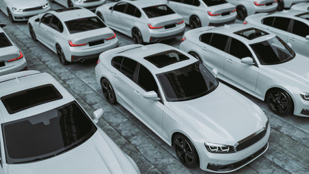 Car for sale new stock. 3d render and illustration.の写真素材