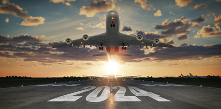 Inscription on the runway 2024 surface of the airport road take off airplane. Concept of travel in...