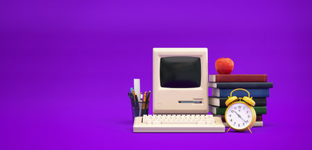 School Accessories on Blue Background with Copy Space, computer, book, clock, 3d render and illustration.の写真素材