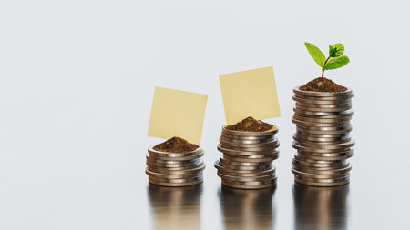 Plants or small trees are growing on piles of coins with increased appearances, 3d, render, illustration,の写真素材