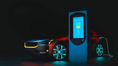 EV Car or Electric vehicle at charging station with the power cable supply plugged in on blurred nature with blue energy power effect. 3d, rendering, illustration,の写真素材