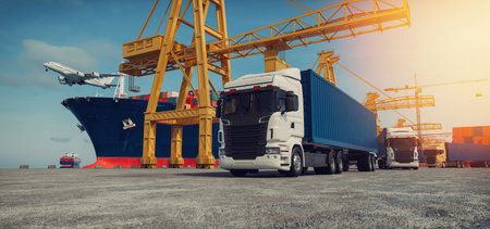 A pier during the day The sky is bright blue There is a large cargo ship moored along the pier. There was a large truck parked. The truck was full of goods.3d, rendering, illustration,の写真素材