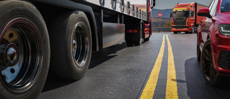 Trucks and cars are running on the road. With trucks in front and cars in the back. The road is a...