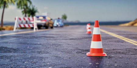 An orange-white traffic pole stands in the middle of the road. Indicates that there is an obstacle or danger ahead. Drivers should slow down and be careful. 3d, rendering, illustration,の写真素材