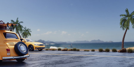 A car is parked on the beach. Clear sky, blue sea, white sandy beach, warm atmosphere. Reminiscent of a vacation. 3d, rendering, illustration,の写真素材