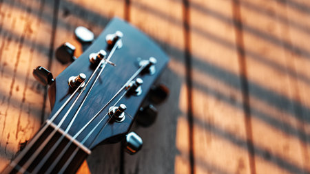 Dark brown acoustic guitar head Placed on a light brown wooden table. 3d, rendering, illustration,