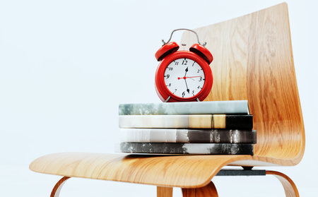 A red alarm clock sits on a pile of books on a wooden chair.の写真素材
