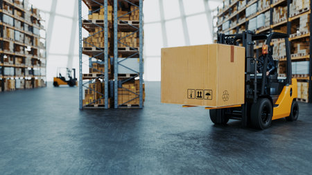 Forklift carrying cardboard boxes in warehouse. 3d, rendering, illustration,の写真素材