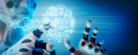 A robot is pressing a button on a digital screen. 3d, rendering, illustration,