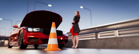 A car is on the road, there is an emergency and a woman is in need of help. 3d, rendering, illustration,の写真素材