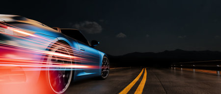 A red car was driving on the road at night. 3d, rendering, illustration,