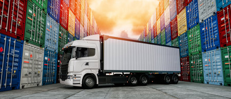 A white tow truck is parked in front. Container lined up in a long line. 3d, rendering,...