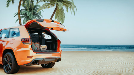 A orange SUV with its trunk open on a beach. 3d, rendering, illustration,の写真素材