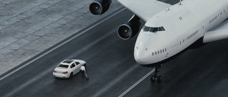 Businessman standing next to car on the runway close to airplane. 3d, rendering, illustration,