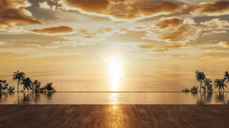 Sea, sky, sunset and resort. 3d, rendering, illustration,