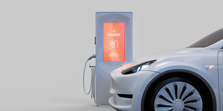 EV Electric car silhouette with low battery charging at electric charge station. 3D, RENDERING,...