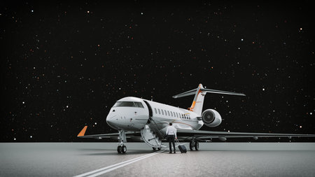 Businessman walking to board a private plane.3d, rendering, illustration,