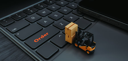 The forklift is on a portable computer. and has an order message. 3d, rendering, illustration,の写真素材