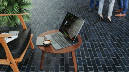 A cozy workspace with a tablet, coffee, smartphone, and notebook on a wooden table, ideal for remote work or study. 3d, rendering, illustration,の写真素材