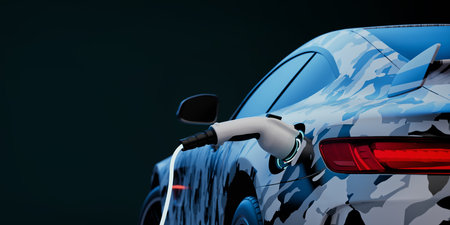 EV Electric car silhouette with low battery charging at electric charge station. 3d render and illustration.の写真素材