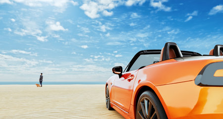 Orange sports car parked on the sandy beach Clear skies and some clouds. 3d, rendering, illustration,の写真素材